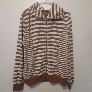 Calvin Klein Velour Striped Zip Hoodie Jacket Women Size L Brown White Full Zip